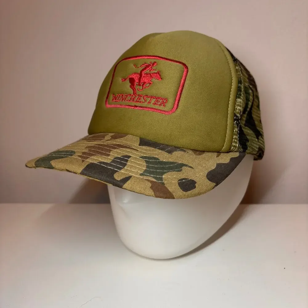 Vtg 80s WINCHESTER Camouflage Trucker Hat Embroidered Green Mesh Snapback Cap